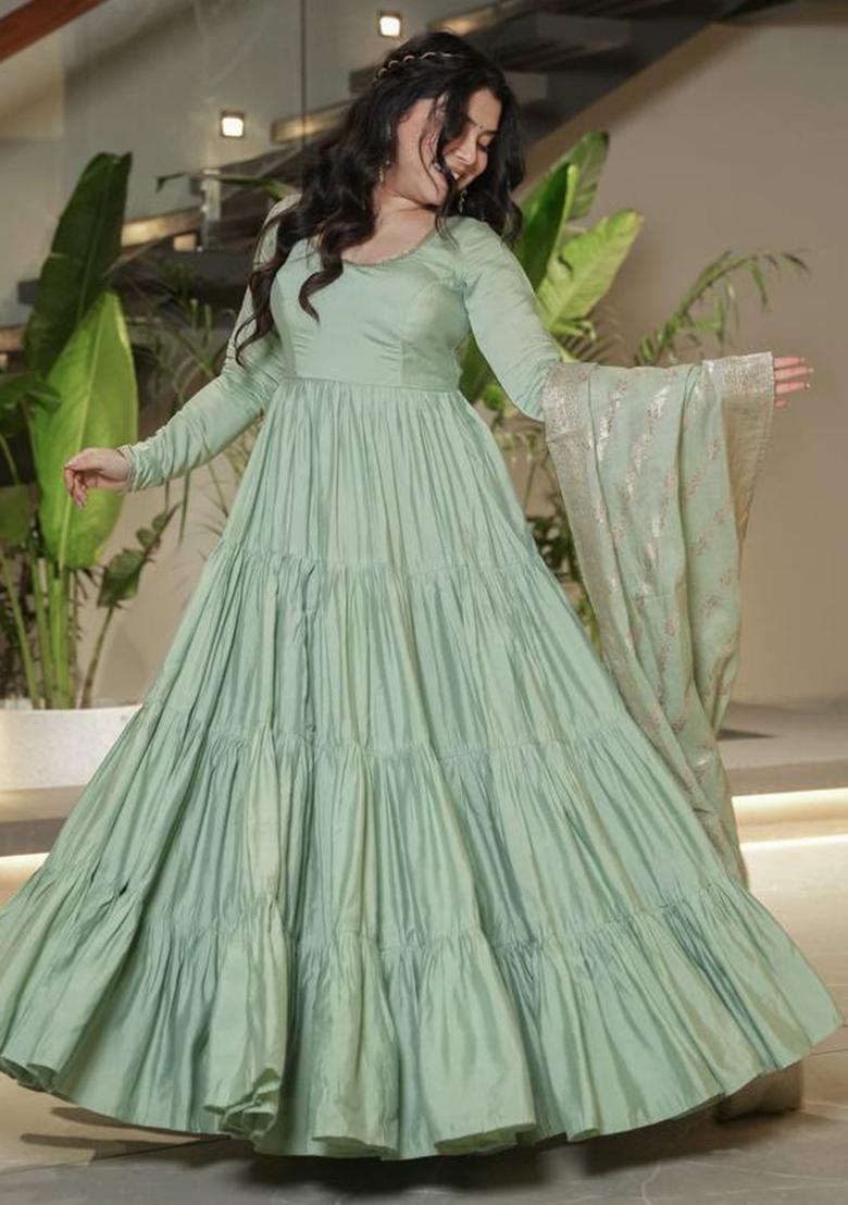 Sea Green solid Silk Salwar Kameez Set With Dupatta