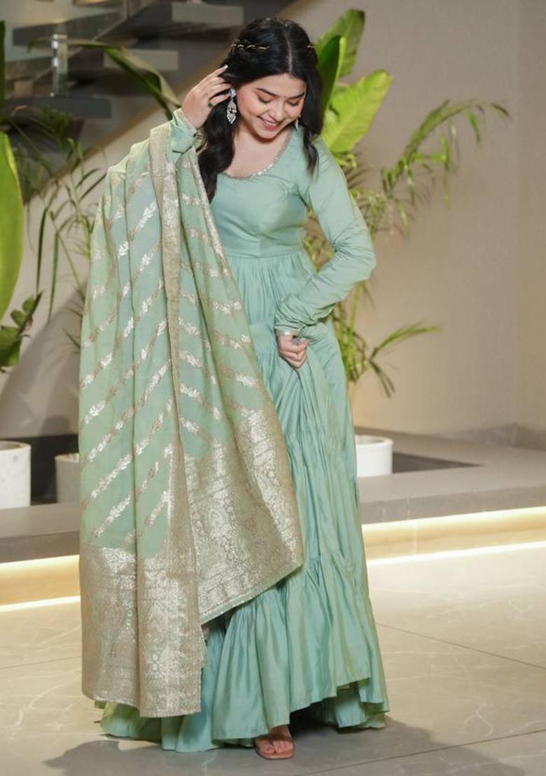 Sea Green solid Silk Salwar Kameez Set With Dupatta