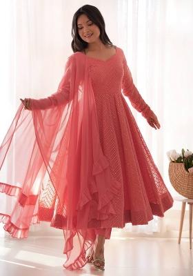 Peach Embroidered Georgette Salwar Kameez Set With Dupatta