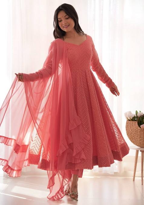 Peach Embroidered Georgette Salwar Kameez Set With Dupatta
