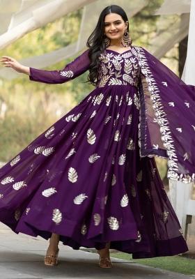Purple Thread Work Georgette Anarkali Set With Dupatta