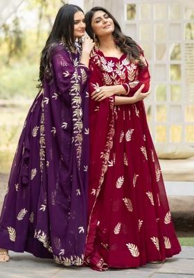 Purple Thread Work Georgette Set Of 2 Anarkali Set With Dupatta