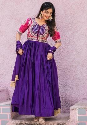 Jamli Purple Embroidered Chinnon Anarkali Set With Dupatta