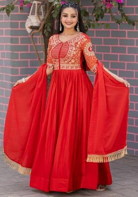 Red Embroidered Chinnon Anarkali Set With Dupatta
