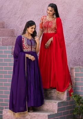 Jamli Purple and Red Embroidered Chinnon Set Of 2 Anarkali Set With Dupatta