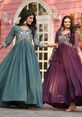 Teal Green and Wine Sequence Georgette Set Of 2 Anarkali Kurta