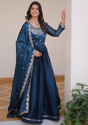 Teal Green Embroidered Silk Anarkali Set With Dupatta