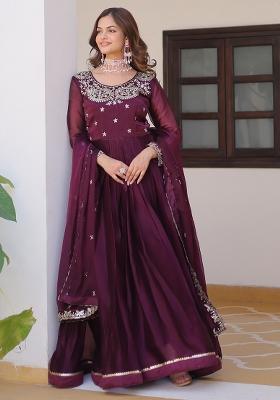 Wine Embroidered Silk Anarkali Set With Dupatta