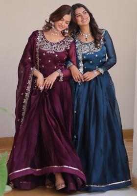 Teal Green and Wine Embroidered Silk Set Of 2 Anarkali Set With Dupatta