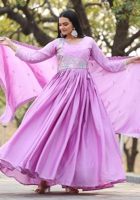 Lavender Thread Work Chinnon Anarkali Set With Dupatta