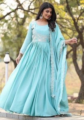 Sky Blue Thread Work Chinnon Anarkali Set With Dupatta