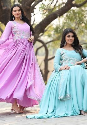 Lavender and Sky Blue Thread Work Chinnon Set Of 2 Anarkali Set With Dupatta