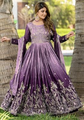 Grey Embroidered Chinnon Anarkali Set With Dupatta