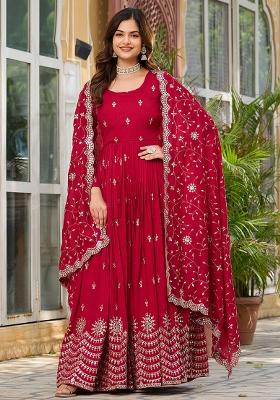 Rani Red Embroidered Silk Anarkali Set With Dupatta