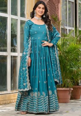 Teal Green Embroidered Silk Anarkali Set With Dupatta