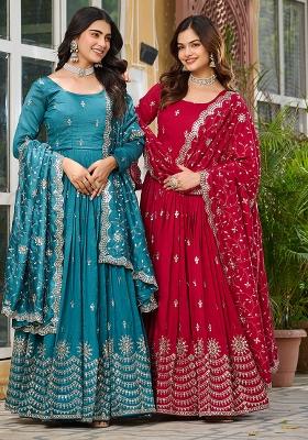 Rani Pink and Teal Green Embroidered Silk Anarkali Set With Dupatta