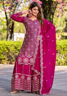 Rani Red Embroidered Chinnon Salwar Kameez With Dupatta