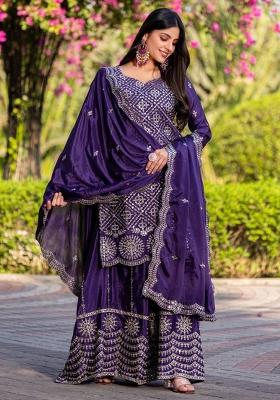 Jamli Blue Embroidered Chinnon Salwar Kameez With Dupatta