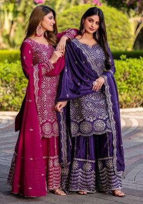 Rani Pink and Jamli Blue Embroidered Chinnon Set Of 2 Salwar Kameez With Dupatta
