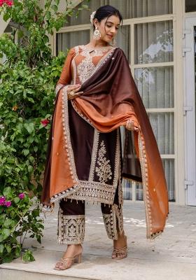 Brown Sequence Embroidered Georgette Kurti Set
