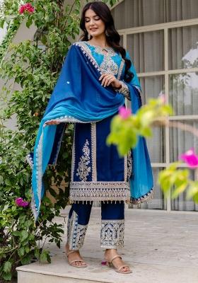 Blue Sequence Embroidered Georgette Kurti Set