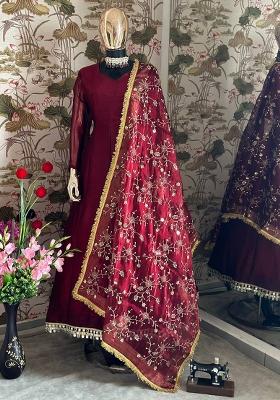 Maroon Embroidered Silk Gown