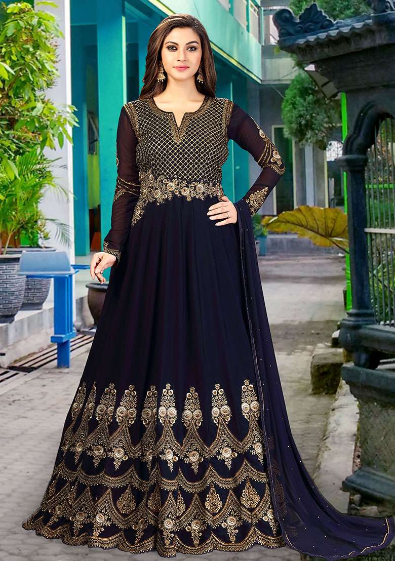 Blue Embroidered Georgette Salwar Kameez With Dupatta - Indya