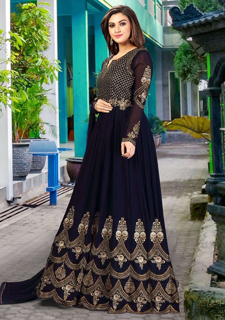 Blue Embroidered Georgette Salwar Kameez With Dupatta - Indya
