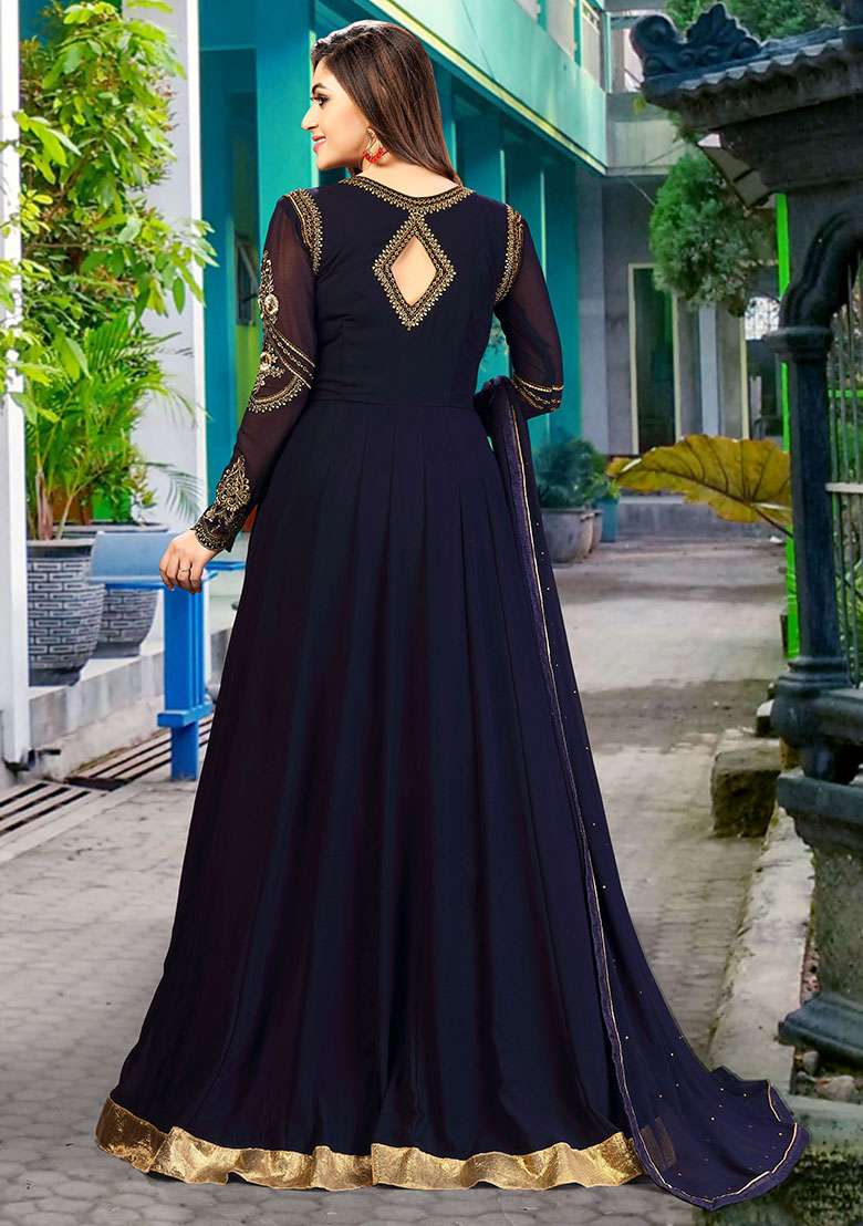 Blue Embroidered Georgette Salwar Kameez With Dupatta - Indya