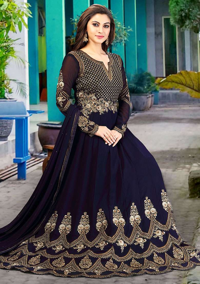 Blue Embroidered Georgette Salwar Kameez With Dupatta - Indya