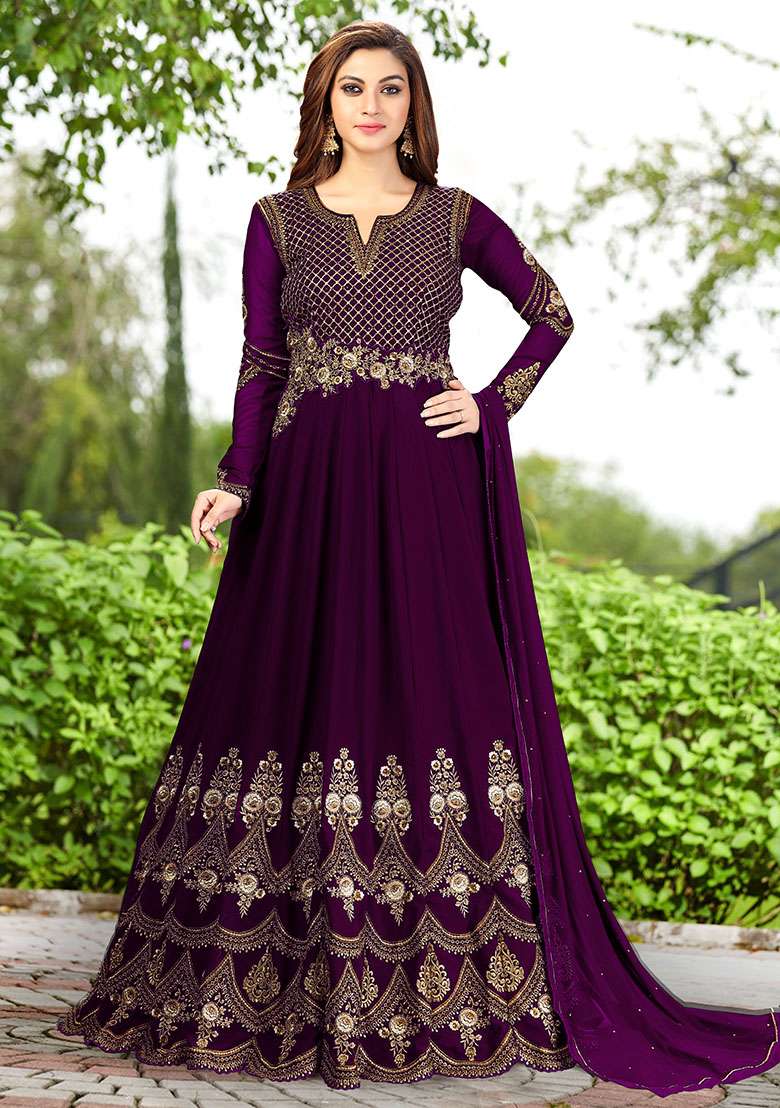 Purple Embroidered Georgette Salwar Kameez With Dupatta - Indya