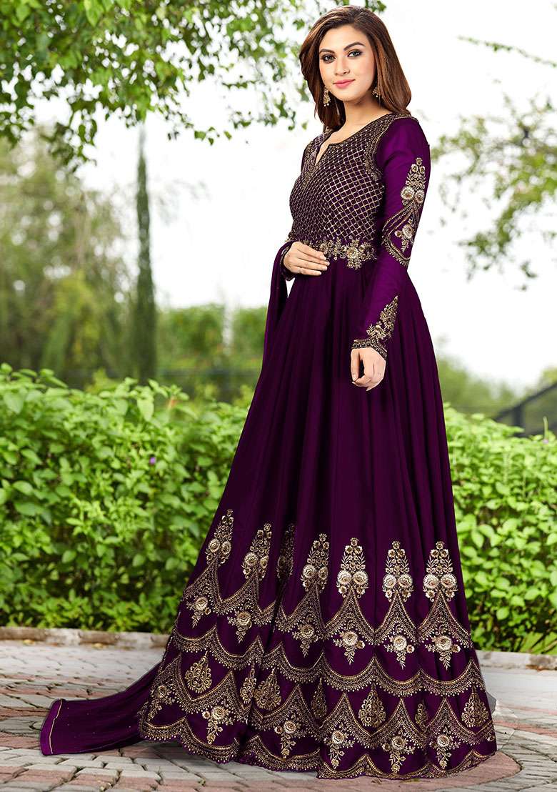 Purple Embroidered Georgette Salwar Kameez With Dupatta - Indya