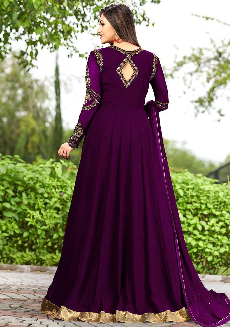 Purple Embroidered Georgette Salwar Kameez With Dupatta - Indya