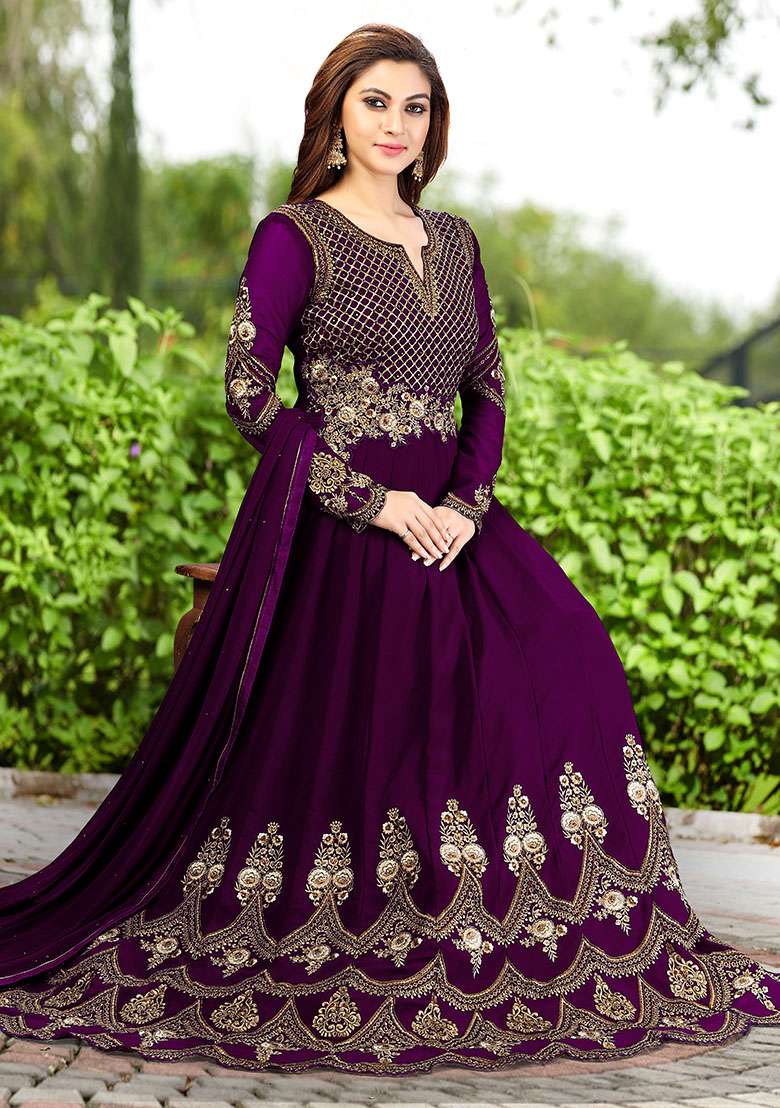 Purple Embroidered Georgette Salwar Kameez With Dupatta - Indya