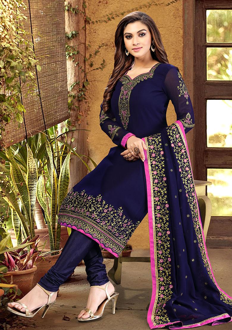 Blue Embroidered Georgette Salwar Kameez With Dupatta - Indya