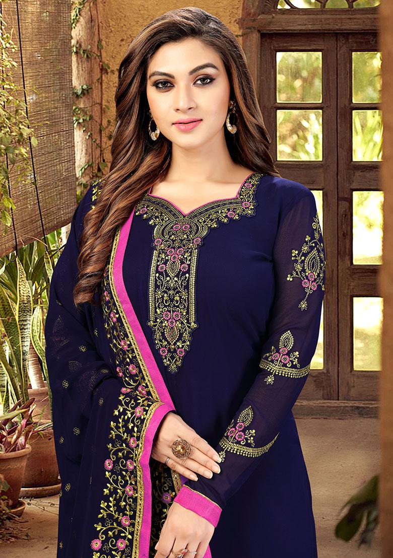 Blue Embroidered Georgette Salwar Kameez With Dupatta - Indya