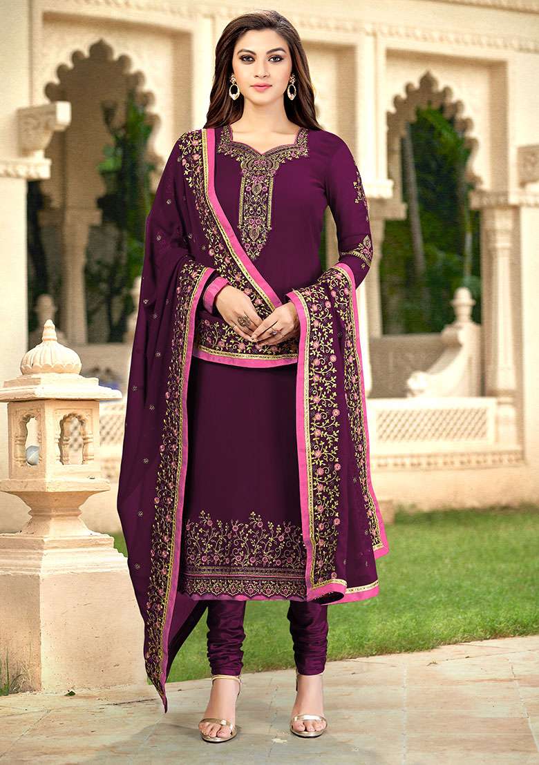 Purple Embroidered Georgette Salwar Kameez With Dupatta - Indya