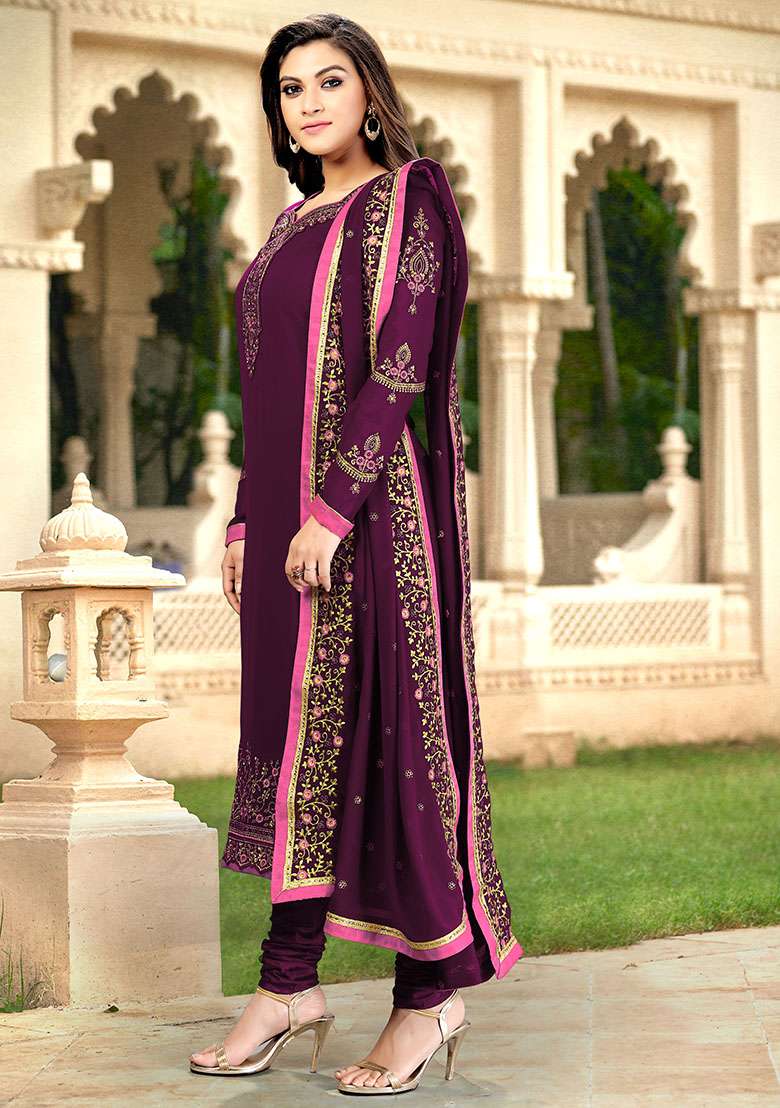 Purple Embroidered Georgette Salwar Kameez With Dupatta - Indya