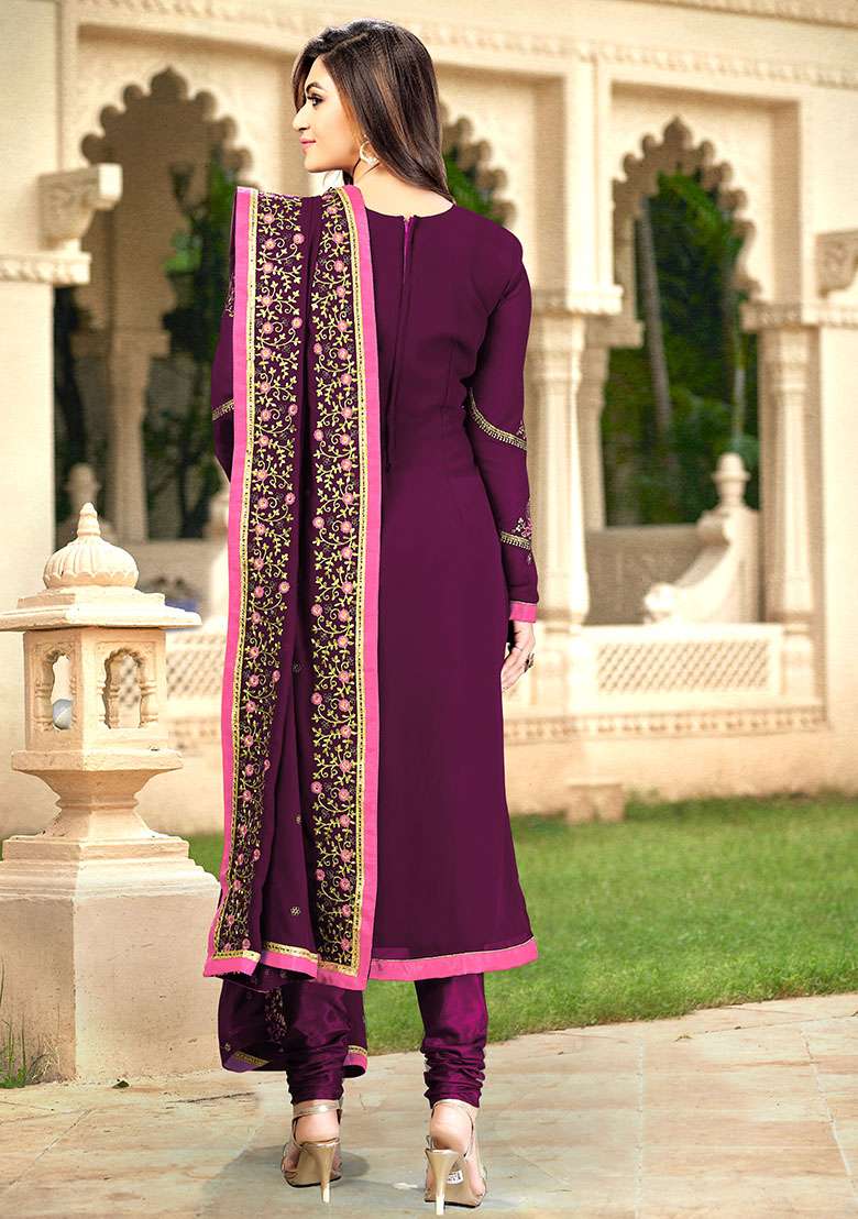 Purple Embroidered Georgette Salwar Kameez With Dupatta - Indya