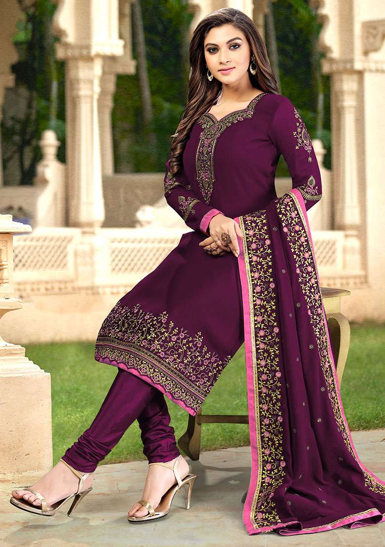 Purple Embroidered Georgette Salwar Kameez With Dupatta - Indya