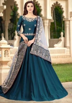 Teal Blue Embroidered Georgette Salwar Kameez With Dupatta