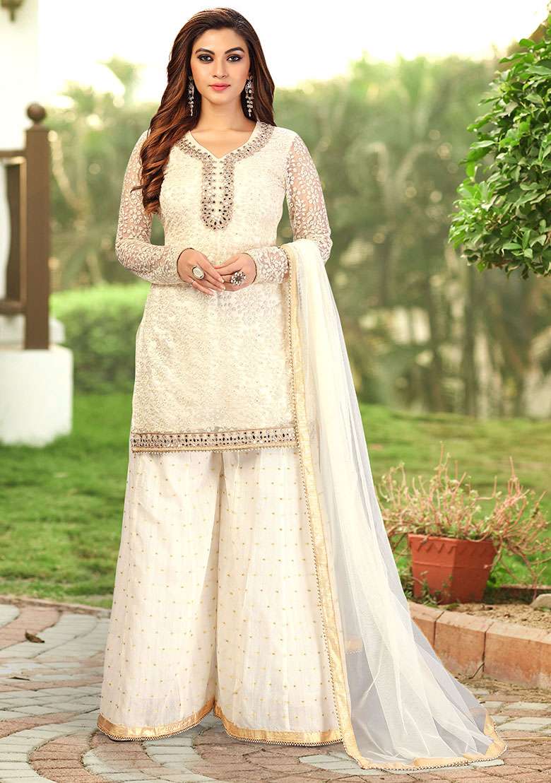Off White Embroidered Cotton Salwar Kameez With Dupatta - Indya