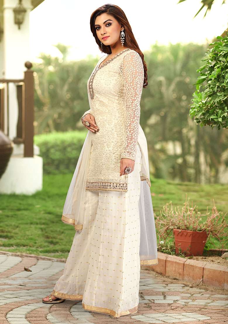 Off White Embroidered Cotton Salwar Kameez With Dupatta - Indya