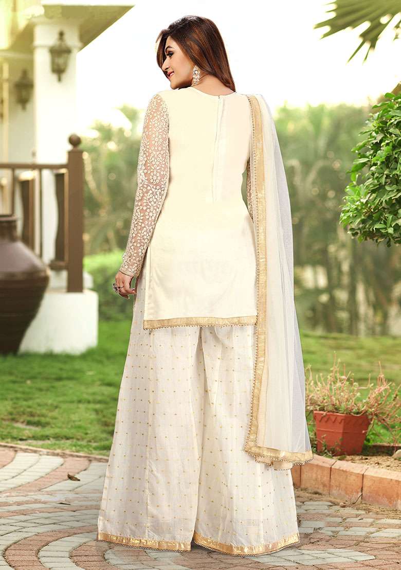 Off White Embroidered Cotton Salwar Kameez With Dupatta - Indya