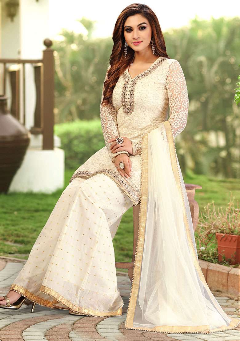 Off White Embroidered Cotton Salwar Kameez With Dupatta - Indya