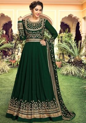 Dark Green Embroidered Georgette Salwar Kameez With Dupatta
