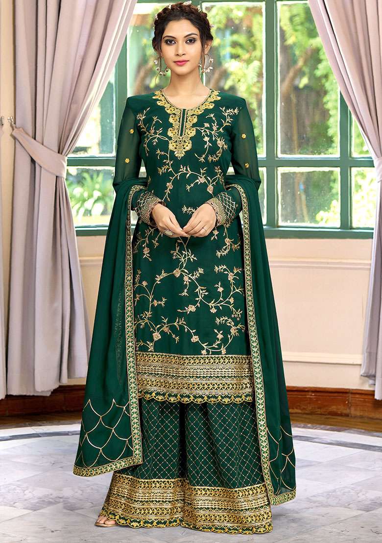 Green Embroidered Georgette Salwar Kameez With Dupatta - Indya