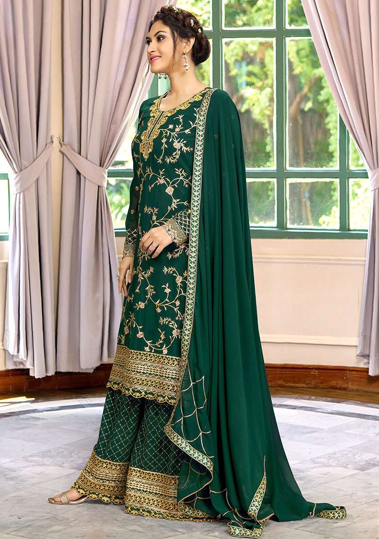Green Embroidered Georgette Salwar Kameez With Dupatta - Indya