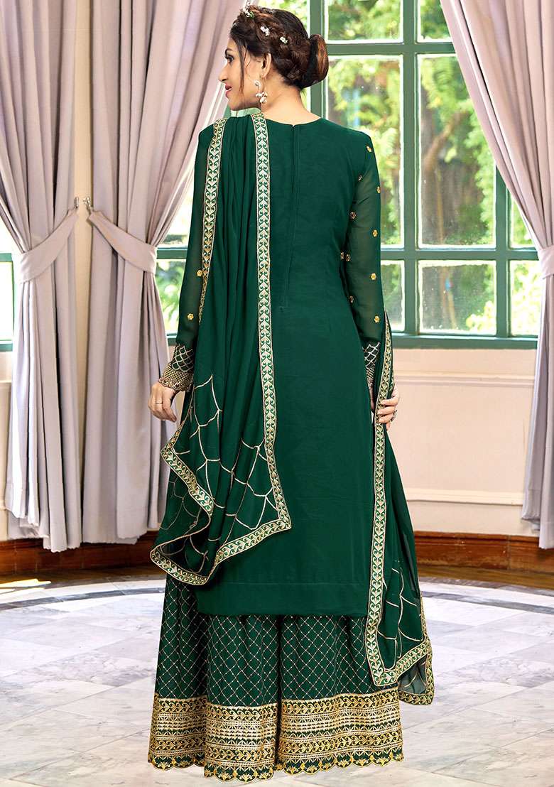Green Embroidered Georgette Salwar Kameez With Dupatta - Indya