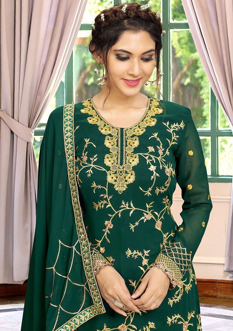 Green Embroidered Georgette Salwar Kameez With Dupatta - Indya